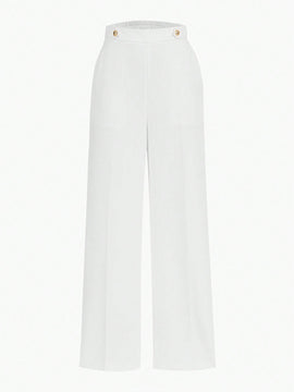 Motf premium pantalones de pierna ancha con bolsillo inclinado, detalle de boton y costuras frontales en color dorado solido