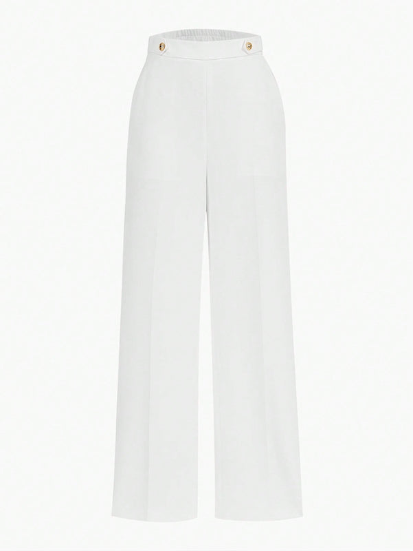 Motf premium pantalones de pierna ancha con bolsillo inclinado, detalle de boton y costuras frontales en color dorado solido
