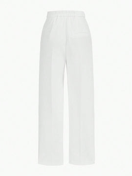 Motf premium pantalones de pierna ancha con bolsillo inclinado, detalle de boton y costuras frontales en color dorado solido