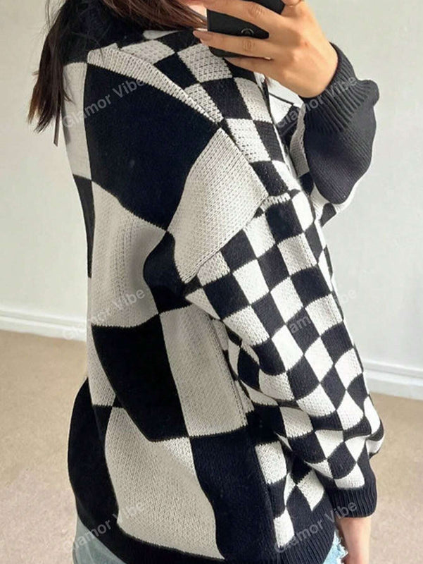 Nuevos llegados de otono/invierno sueter cardigan de punto asimetrico de manga larga con estampado a cuadros blanco y negro casual y de moda para mujer, con tejido reforzado