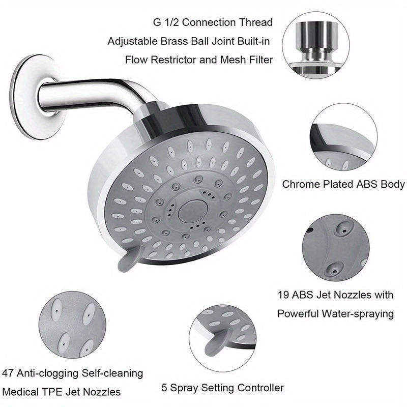 1pc Cabezal de Ducha Montado en el Techo con 5 Ajustes y Articulación Giratoria - Construcción Metálica Duradera, Diseño Circular para Flujo Uniforme del Agua & Experiencia Relajante al Bañarse, Acabado Cromo Elegante, Calidad Alta