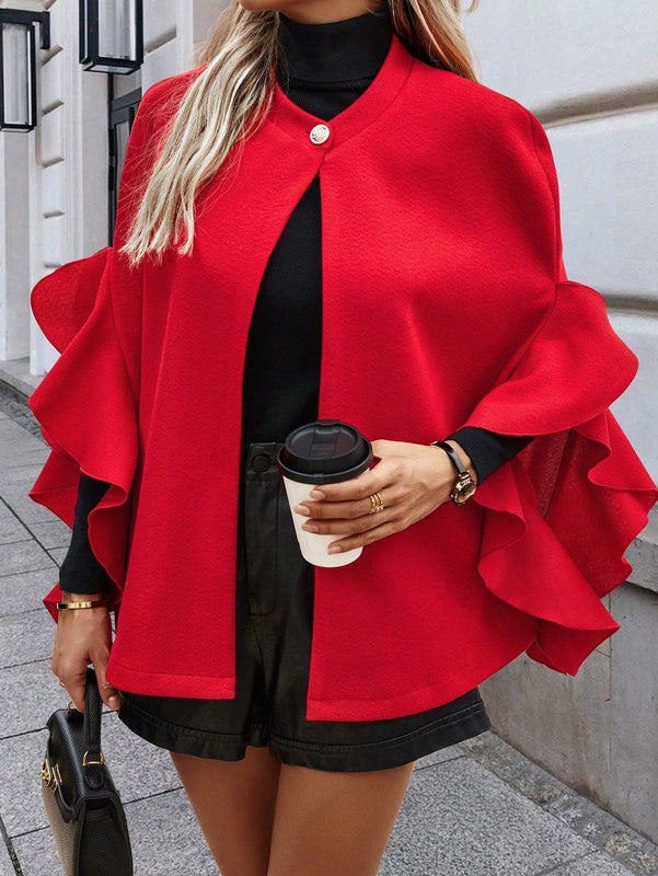 Clasi abrigo de lana elegante con cuello vuelto y abotonadura sencilla, en unicolor, para mujer, para otono/invierno