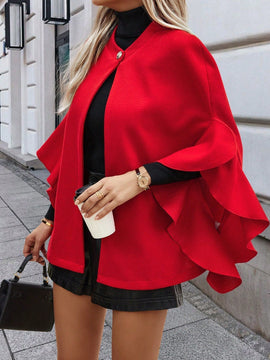 Clasi 1 pieza abrigo elegante de lana con un solo abotonadura, bajo con volantes y unicolor para mujer, otono/invierno
