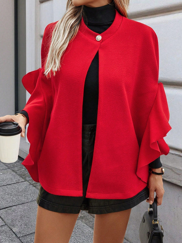 Clasi abrigo de lana elegante con cuello vuelto y abotonadura sencilla, en unicolor, para mujer, para otono/invierno