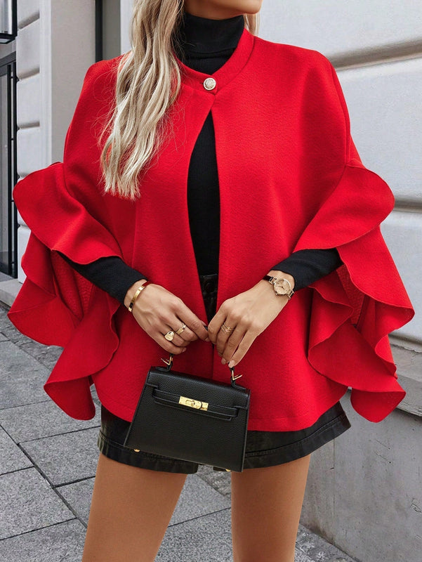 Clasi abrigo de lana elegante con cuello vuelto y abotonadura sencilla, en unicolor, para mujer, para otono/invierno