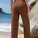 Emery rose pantalones largos casuales rectos y sueltos con cintura elastica, bolsillos y estampado de tenido anudado para mujer