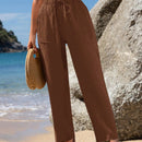 Emery rose pantalones largos casuales rectos y sueltos con cintura elastica, bolsillos y estampado de tenido anudado para mujer