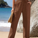 Emery rose pantalones largos casuales rectos y sueltos con cintura elastica, bolsillos y estampado de tenido anudado para mujer