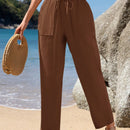 Emery rose pantalones largos casuales rectos y sueltos con cintura elastica, bolsillos y estampado de tenido anudado para mujer