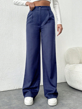 Tall pantalones sueltos de traje a rayas con botones delanteros, uso casual de todos los dias