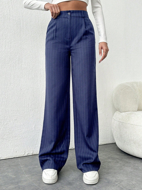 Tall pantalones sueltos de traje a rayas con botones delanteros, uso casual de todos los dias