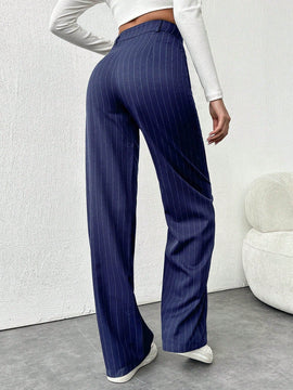 Tall pantalones sueltos de traje a rayas con botones delanteros, uso casual de todos los dias