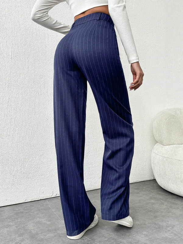 Tall pantalones sueltos de traje a rayas con botones delanteros, uso casual de todos los dias