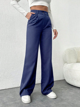 Tall pantalones sueltos de traje a rayas con botones delanteros, uso casual de todos los dias
