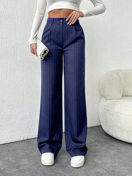 Tall pantalones sueltos de traje a rayas con botones delanteros, uso casual de todos los dias