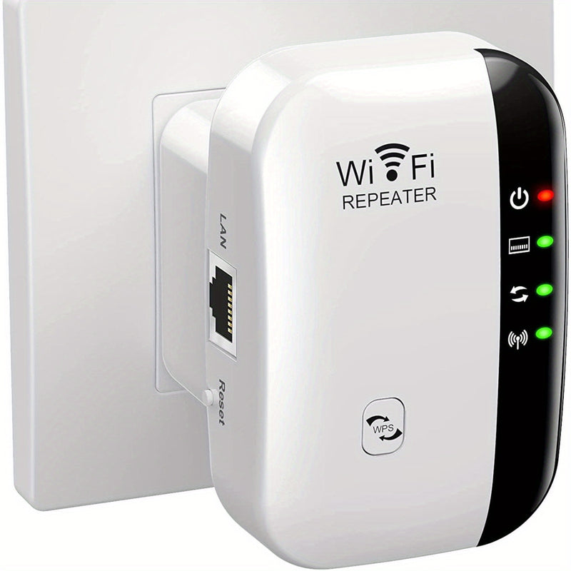 Repetidor WiFi de alta velocidad 300 Mbps, amplificador de señal inalámbrica de largo alcance, compatible con 802.11N, configuración fácil con botón WPS, enchufe estadounidense, uso en interiores y exteriores, diseño en blanco y negro, extensión de WiFi