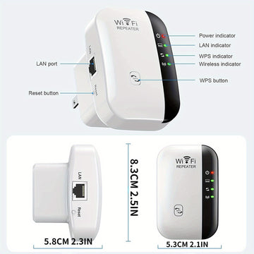 Repetidor WiFi de alta velocidad 300 Mbps, amplificador de señal inalámbrica de largo alcance, compatible con 802.11N, configuración fácil con botón WPS, enchufe estadounidense, uso en interiores y exteriores, diseño en blanco y negro, extensión de WiFi