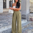 Pantalones anchos de lino solido para mujer