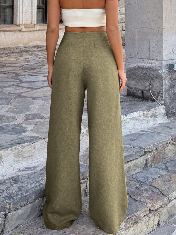 Pantalones anchos de lino solido para mujer