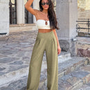 Pantalones casuales anchos de pierna ancha con cintura alta y pliegues para mujeres
