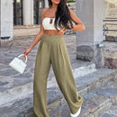 Pantalones anchos de lino solido para mujer