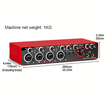 Interfaz de Grabación de 4 Canales 192kHz/24-bit con Micrófono de Grado Profesional - Ideal para Producción Musical y Grabación, Alimentado por USB, Compatible con PC, Rojo/Negro