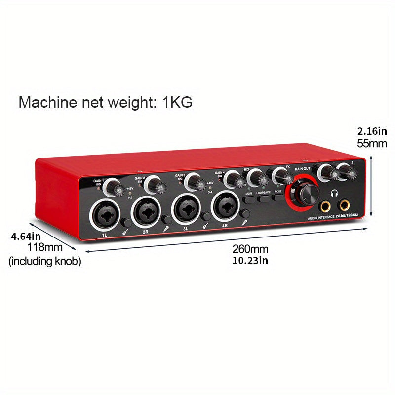 Interfaz de Grabación de 4 Canales 192kHz/24-bit con Micrófono de Grado Profesional - Ideal para Producción Musical y Grabación, Alimentado por USB, Compatible con PC, Rojo/Negro