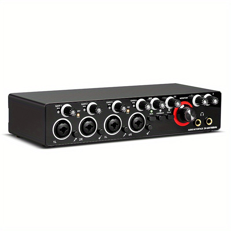 Interfaz de Grabación de 4 Canales 192kHz/24-bit con Micrófono de Grado Profesional - Ideal para Producción Musical y Grabación, Alimentado por USB, Compatible con PC, Rojo/Negro