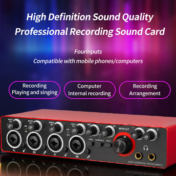 Interfaz de Grabación de 4 Canales 192kHz/24-bit con Micrófono de Grado Profesional - Ideal para Producción Musical y Grabación, Alimentado por USB, Compatible con PC, Rojo/Negro