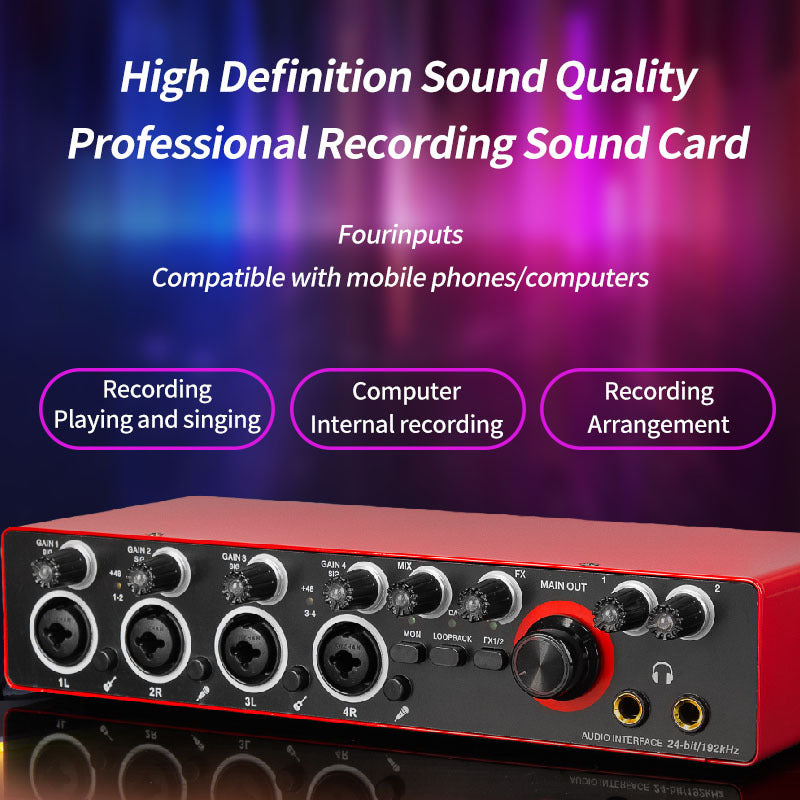Interfaz de Grabación de 4 Canales 192kHz/24-bit con Micrófono de Grado Profesional - Ideal para Producción Musical y Grabación, Alimentado por USB, Compatible con PC, Rojo/Negro