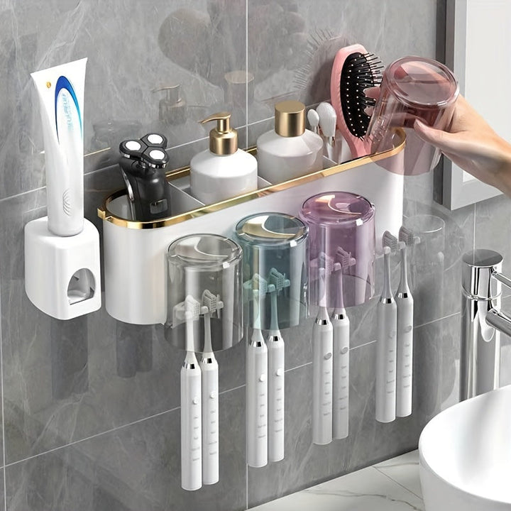 1 pieza Soporte de cepillo de dientes multifuncional montado en pared con 4 tazas - Organizador de baño para pasta de dientes, cepillos y accesorios - Estante de almacenamiento ahorrador de espacio para uso en el hogar - Material duradero, inodoro
