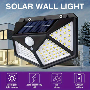 1 pieza de 100 luces solares para pared con sensor de movimiento, encendido automático para exteriores, iluminación de 4 lados para valla de jardín, iluminación de sendero de varios modos