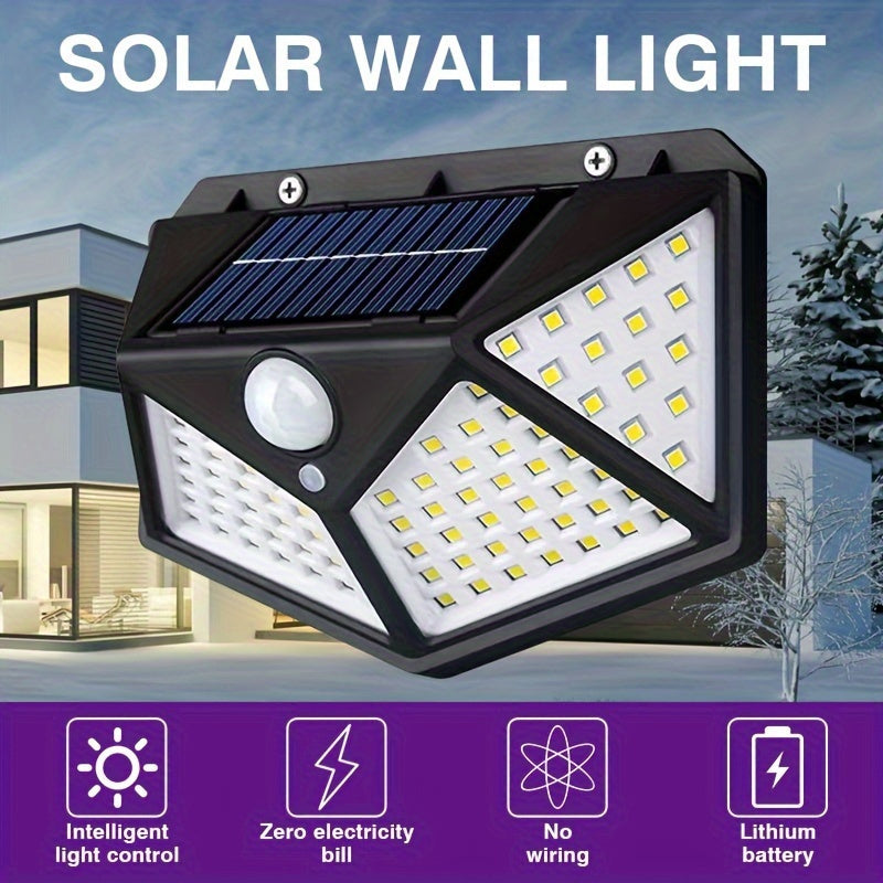 1 pieza de 100 luces solares para pared con sensor de movimiento, encendido automático para exteriores, iluminación de 4 lados para valla de jardín, iluminación de sendero de varios modos