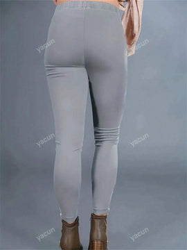 Pantalones casuales acortados de mujer de unicolor con bolsillos elasticos, con cremallera decorativa