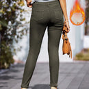 Pantalones elasticos ajustados de felpa con botones delanteros y bolsillos, uso diario casual para mujer