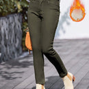 Pantalones elasticos ajustados de felpa con botones delanteros y bolsillos, uso diario casual para mujer