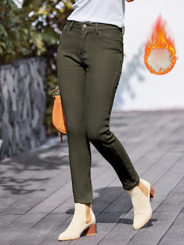 Pantalones elasticos ajustados de felpa con botones delanteros y bolsillos, uso diario casual para mujer