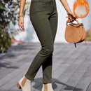 Pantalones elasticos ajustados de felpa con botones delanteros y bolsillos, uso diario casual para mujer