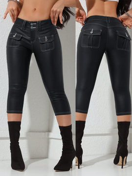 Pantalones cenidos de vestir casuales de unicolor de tejido con bolsillos para mujer