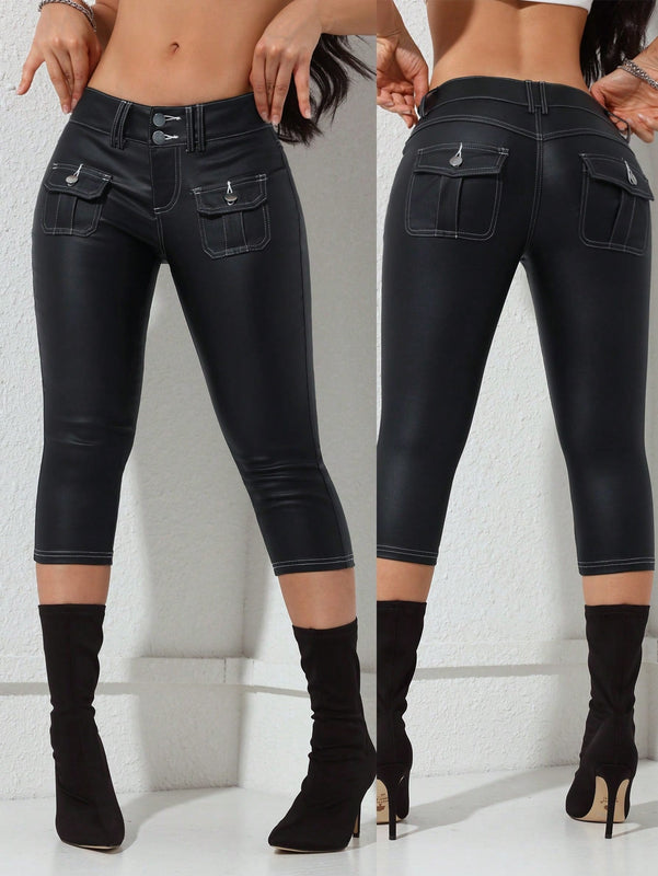 Pantalones cenidos de vestir casuales de unicolor de tejido con bolsillos para mujer