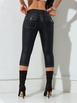Pantalones cenidos de vestir casuales de unicolor de tejido con bolsillos para mujer