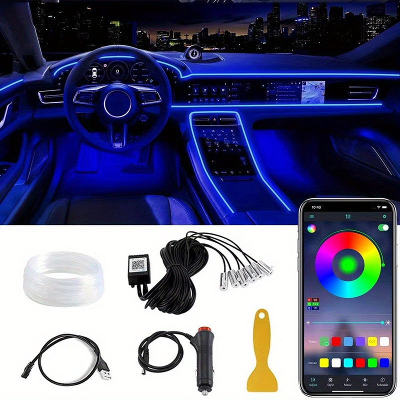 Luzes LED para interiores de coche com APP Control, 6 polegadas 1 RGB 16 milhões de cores Kit de iluminação ambiental com 315 polegadas de fibra óptica, Modo de música Iluminação interior de coche Acessórios, sem bateria