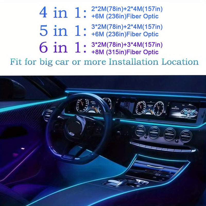 Luzes LED para interiores de coche com APP Control, 6 polegadas 1 RGB 16 milhões de cores Kit de iluminação ambiental com 315 polegadas de fibra óptica, Modo de música Iluminação interior de coche Acessórios, sem bateria
