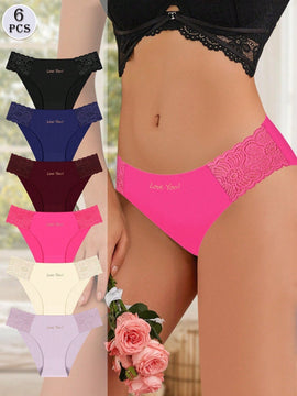 Meiyating paquete de 6 bragas de cintura baja con adorno de encaje, transpirables y delgadas para mujeres