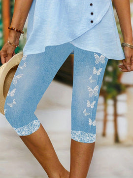 Ezwear pantalones con estampado de encaje de mariposa para mujer