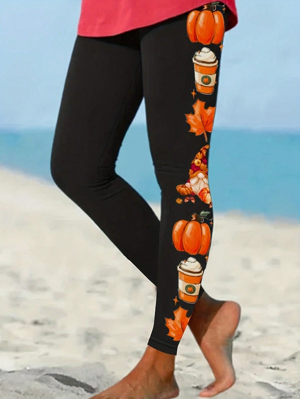 Ezwear leggings casuales de mujer con estampado de calabaza