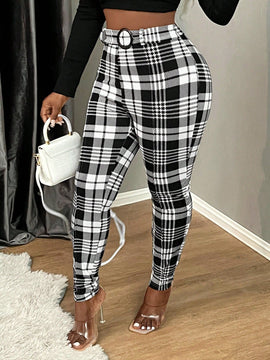 Sxy pantalones con cinturon de tela escocesa de talle alto sexy