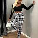 Sxy pantalones con cinturon de tela escocesa de talle alto sexy