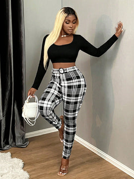 Sxy pantalones con cinturon de tela escocesa de talle alto sexy