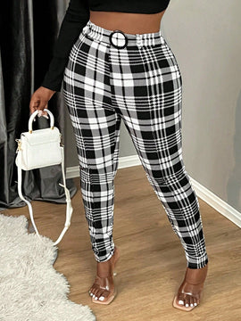 Sxy pantalones con cinturon de tela escocesa de talle alto sexy